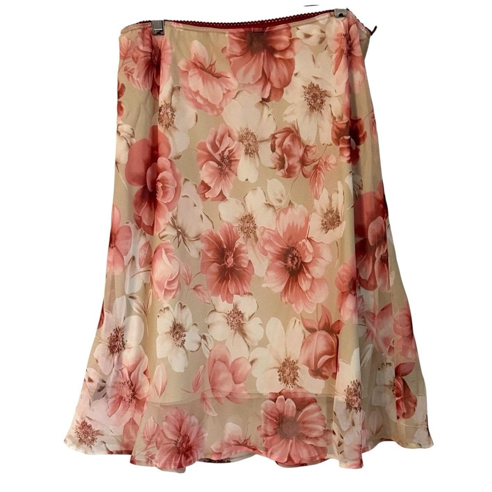 Floral Cottagecore Chiffon A-Line Skirt Size XL Pink Tan Romantic Fairy Feminine - Picture 3 of 7
